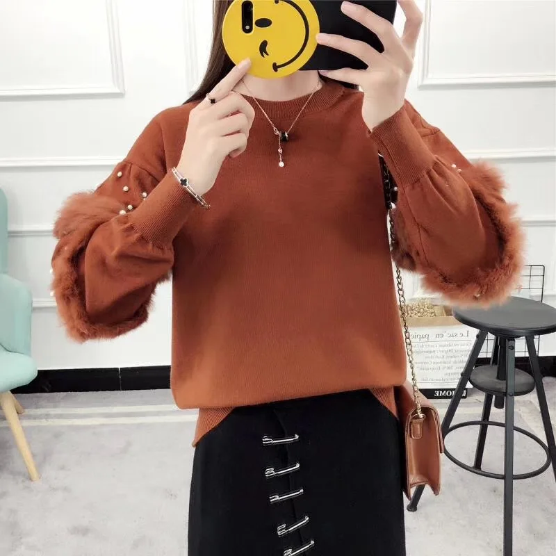 Fashion Pearls Beading Ans Faux Fur Embellished Cuff Jumper Grey Crew Neck Casual Pullovers Autumn Elegant Long Sleeve Sweater