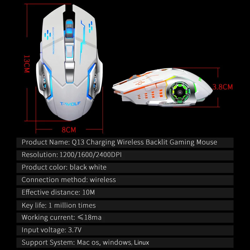 T-WOLF Q13 Rechargeable Wireless Mouse Silent Ergonomic Gaming Mice 6 Keys RGB Backlight 2400 DPI for Laptop Computer Pro Gamer T-WOLF Q13 Rechargeable Wireless Mouse Silent Ergonomic Gaming Mice 6 Keys RGB Backlight 2400 DPI for Laptop Computer Pro Gamer