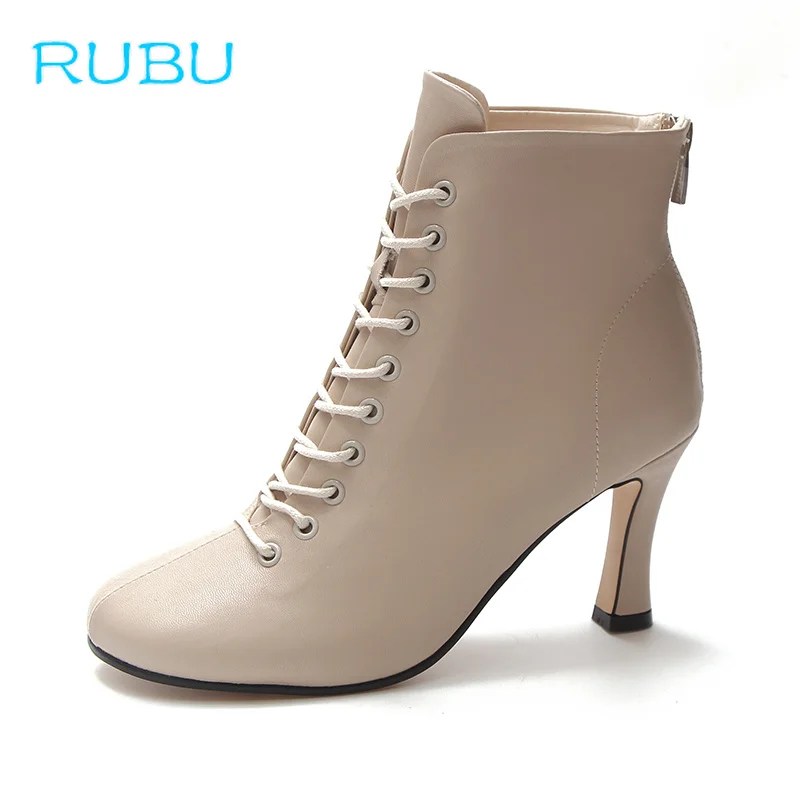 

Fashion Square Toe Lace-up Genuine Leather Solid Nude Women Ankle Boots Thick Heel Brand Women Shoes Motorcycles Boot
