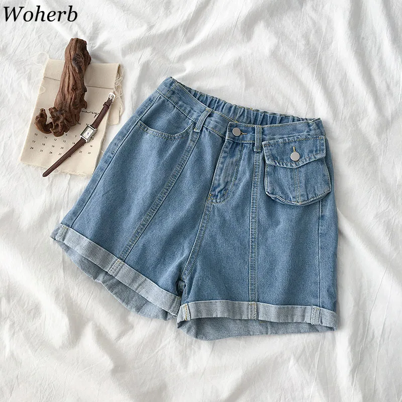 Woherb 2019 Летние повседневные женские джинсовые шорты Винтажные эластичные синие джинсовые шорты с высокой талией женские шорты с карманами