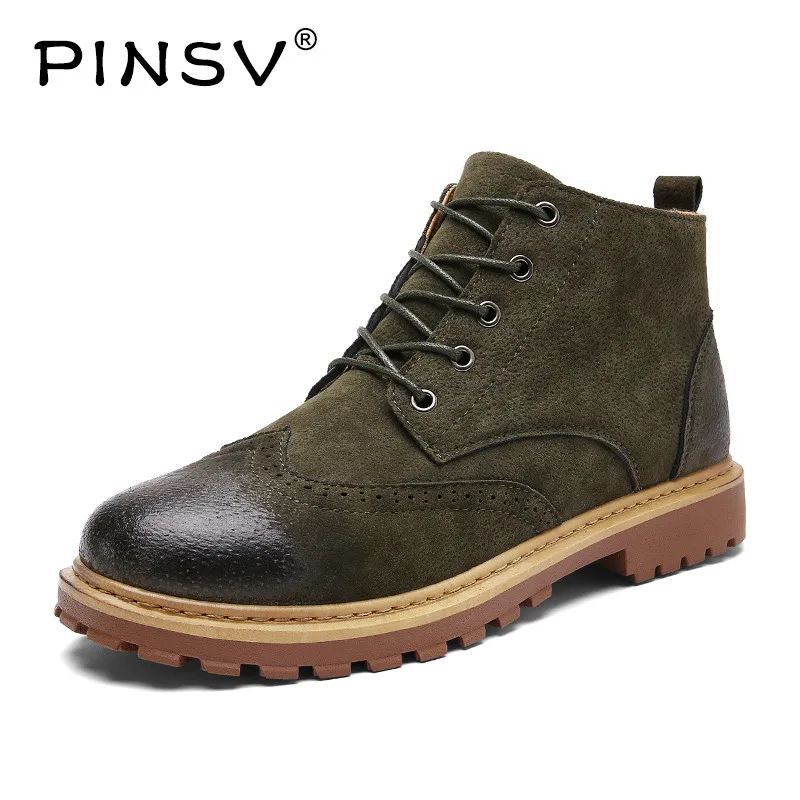 

PINSV 2018 Winter Men Martin Boots Fashion Warm Mens Brogue Shoes Lace-Up Brush Leather Men Ankle Boots botas de hombre