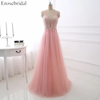 

Sexy V Neck Evening Dress 2017 Erosebridal Sparkly Beading Long Prom Party Gowns Backless A Line Vestido De Festa Sleeveless