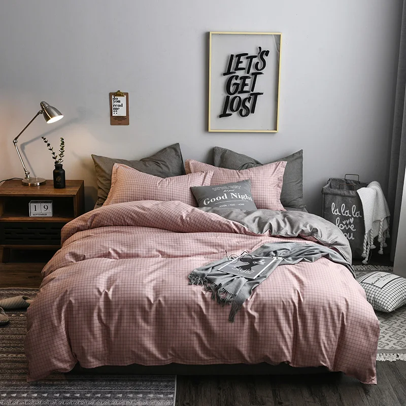 Новинка, роскошный розовый комплект постельного белья в клетку, хлопок, однотонный цвет, современная кровать, одеяло, королева, Королевский размер, 4 шт., пододеяльник, простыня, набор