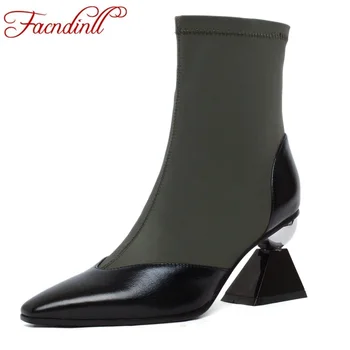 

FACNDINLL autumn winter boots shoes women pointed toe thick high heels slip on botas black shoes woman dress party short boots