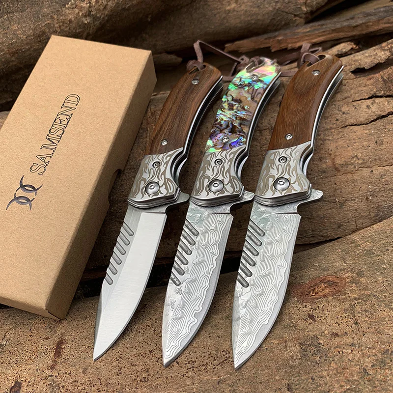 

Green Sandalwood Damascus Folding Knife Multifuntion Tools portable Hunting Pocket Knives Damascus / D2 Knives EDC outdoor tool