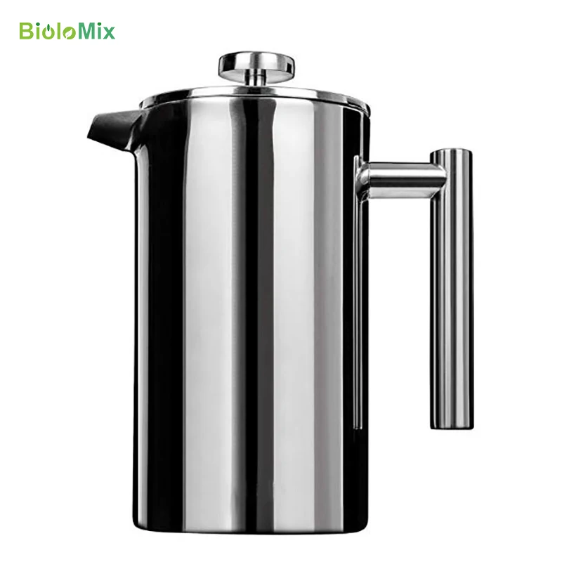 

French Press Double-Wall Stainless Steel Mirror Finish Coffee/Tea Maker: Double-Screen System Rust-Free Dishwasher Safe Biolomix