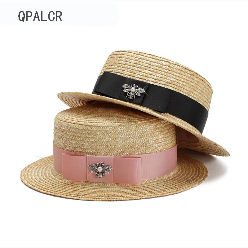 

QPALCR Summer Women Straw Hats Wide Black Ribbon Sun Hat Cute Girls Flat top Beach Hat Summer Straw Cap
