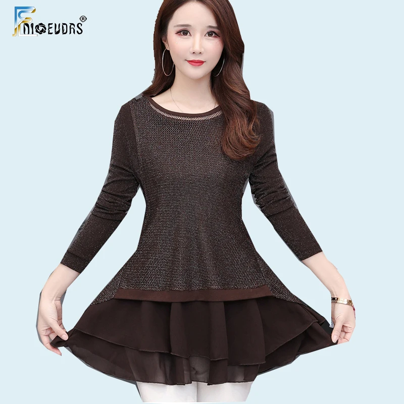 

Long Tunic Tops Women Plus Size 5XL 4XL Basic Shirts Blouse Office Lady Work Patchwork Ruffled Faux Two Piece Top Blouse