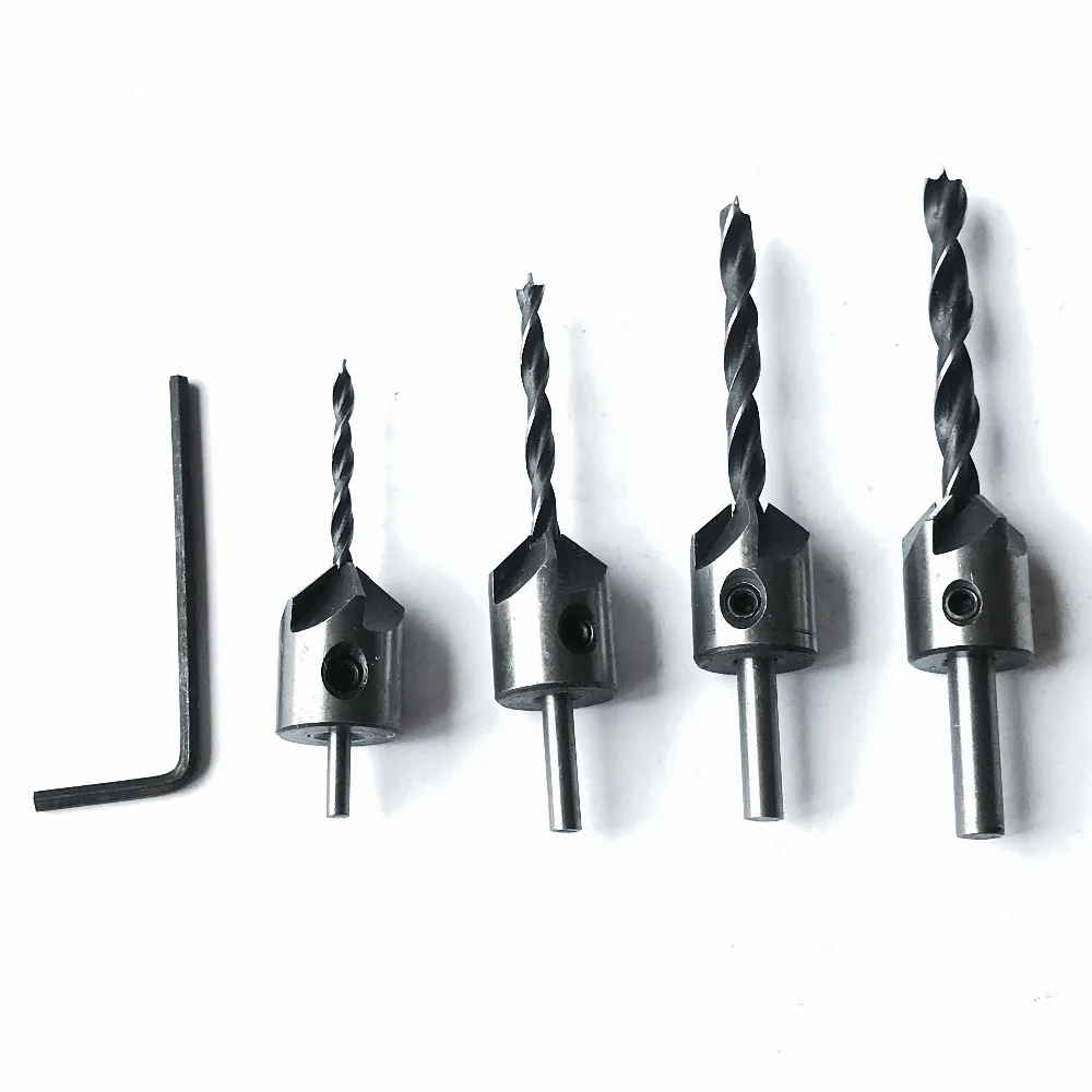 Free shipping of 4PCS home woodworking 3/4/5/6mm three pointed chamfering drills Countersink Drill Bit Kit+Wrench | Инструменты