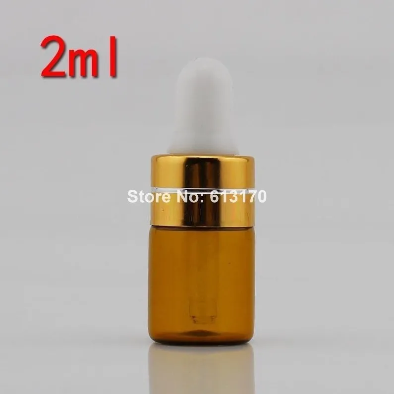 

2ML Brown Pipette Dropper bottles 2CC Empty Glass Bottle Essential Oil vials Gold collar Small sample Cosmetic packing container