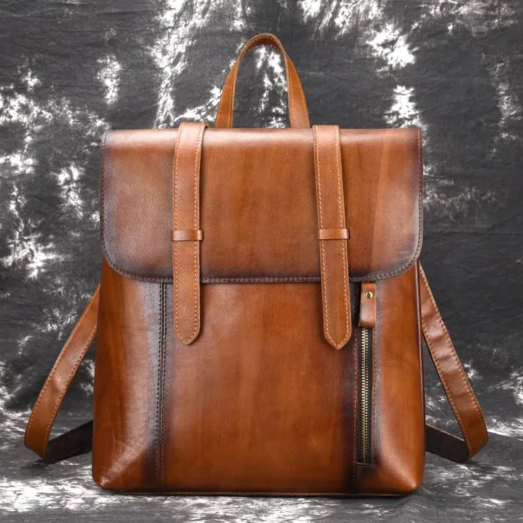 Laptop Vintage Daypack Reise Marke Echtem Männer Buch Brown Casual Leder Aus Pinsel Farbe Rucksack Taschen Schule Männlichen gZHpYq