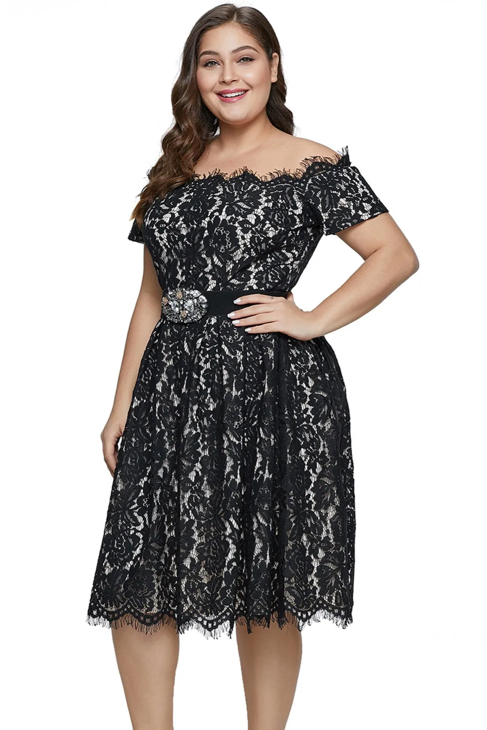 Black-Short-Sleeve-Off-shoulder-Lace-Plus-Size-Dress-LC611038-2-3