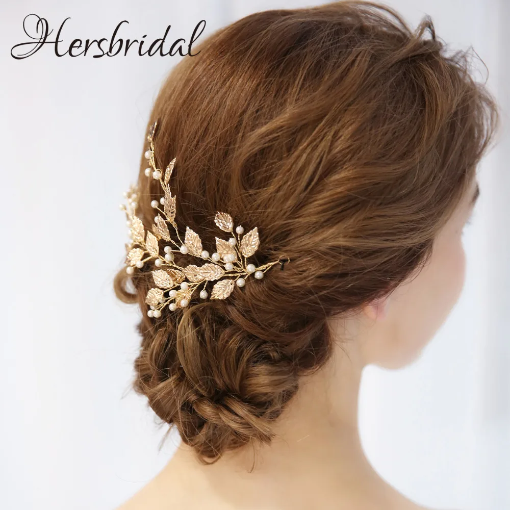 Antique Gold Leaf Bridal Headpiece Handmade Wedding Wreath Pearls Hair Adornments For Brides 2018  (5)