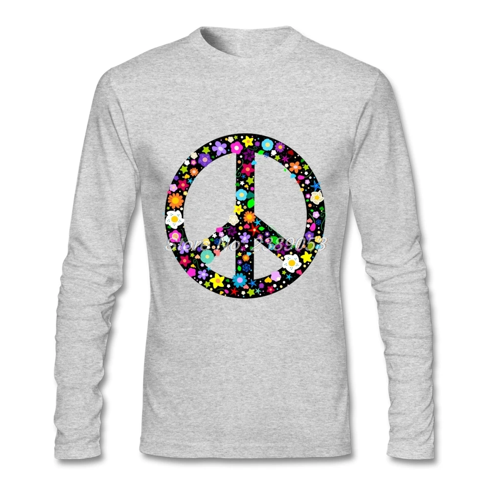 2016 New Coming Men T shirt Long Sleeve Floral Peace Sign Slim Fit T