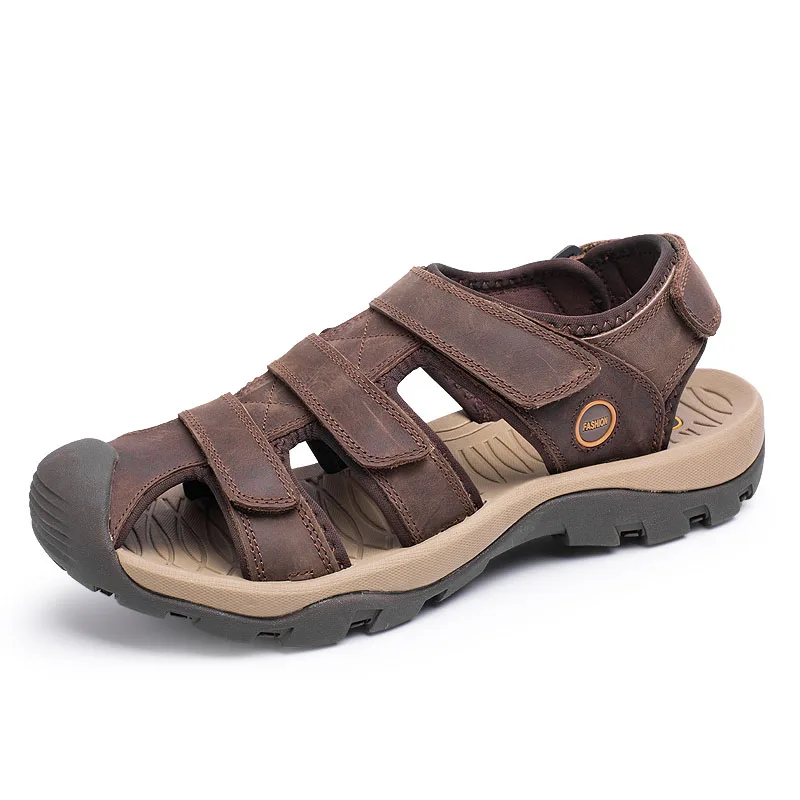 ROXDIA размера плюс 39-46 мужские сандалии из натуральной кожи для мужчин сандалии-гладиаторы модные летние дышащие мужские пляжные туфли RXM046 - Цвет: brown sandals