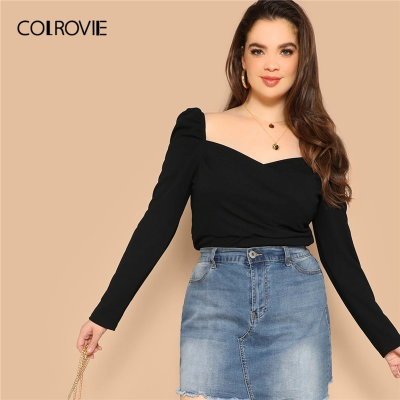 COLROVIE زائد حجم أسود الصلبة الحبيب أنيقة المرأة بلوزة قمصان 2019 الربيع الكورية نفخة الأكمام مكتب السيدات عارضة قمم COLROVIE زائد حجم أسود الصلبة الحبيب أنيقة المرأة بلوزة قمصان 2019 الربيع الكورية نفخة الأكمام مكتب السيدات عارضة قمم