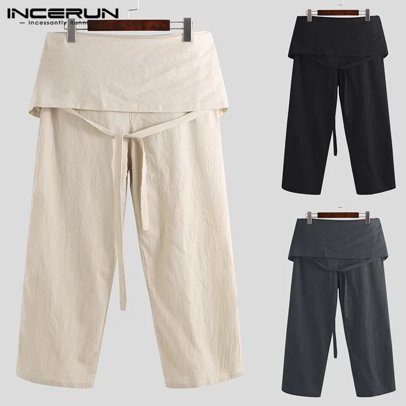 

INCERUN 2019 Men Thai Fisherman Pants Cotton Wide Legs Lace Up Trousers Men Solid Loose Fashion Male Casual Pants Pantalon S-5XL