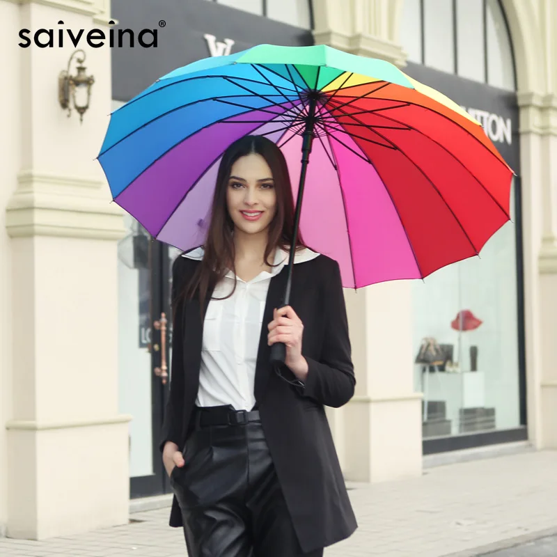 Fashion Women Parasol Rainbow Umbrella Anti UV Big Long Handle Straight