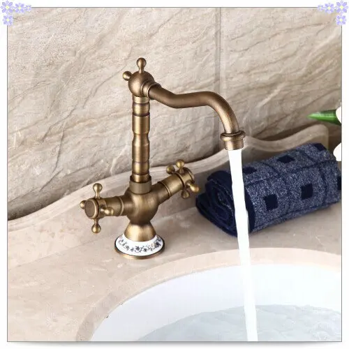 Dual handle antique brass porcelain kitchen faucet bronze sink tap mixer vintage style papel de p | Обустройство дома