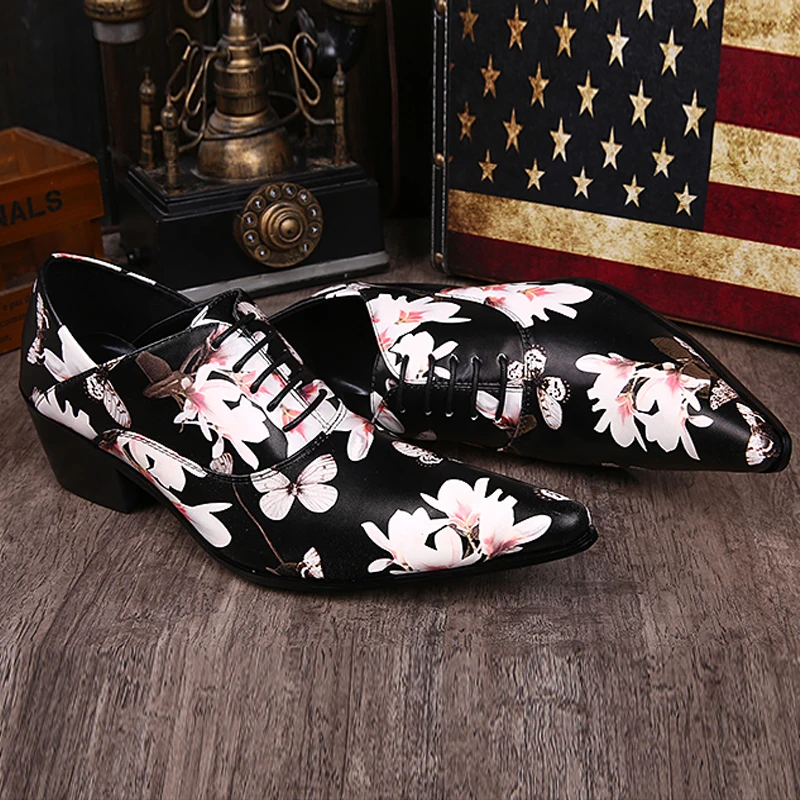 White Flowers Butterfly Print Men Casual Shoes Oxford Luxury Fashion Black Party Wedding Leather Shoes Men Flats Chaussure Homme