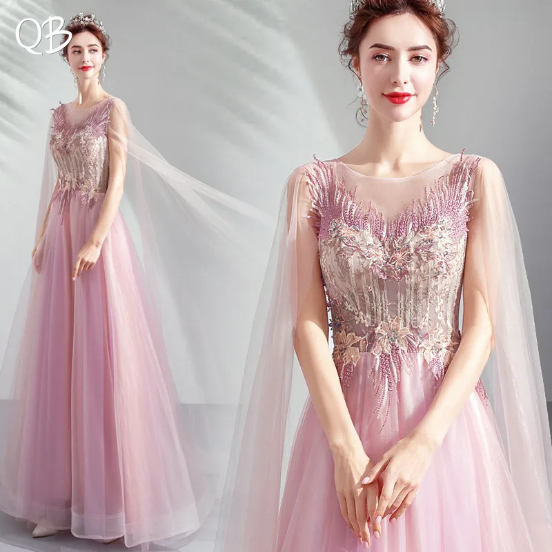 A-line Cape Tulle Flowers Appliques Beaded Sexy Elegant Pink Evening Dresses Bride Banquet Party Prom Dress XK25 A-line Cape Tulle Flowers Appliques Beaded Sexy Elegant Pink Evening Dresses Bride Banquet Party Prom Dress XK25