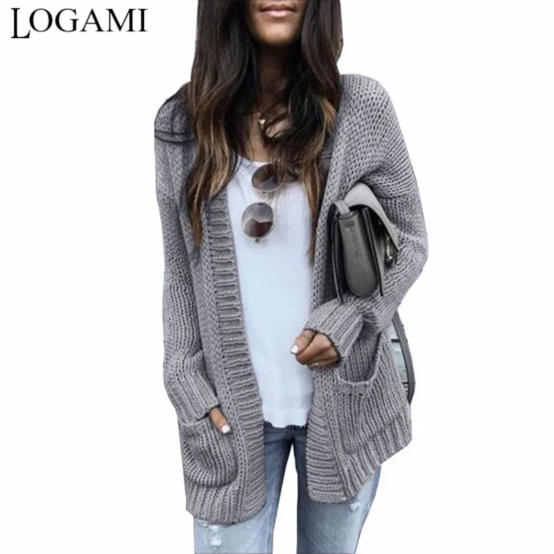 

LOGAMI Long Sleeve Pocket Solid Knit Cardigan Women Autumn Winter Sweater Loose Casual Cardigans Women Tops