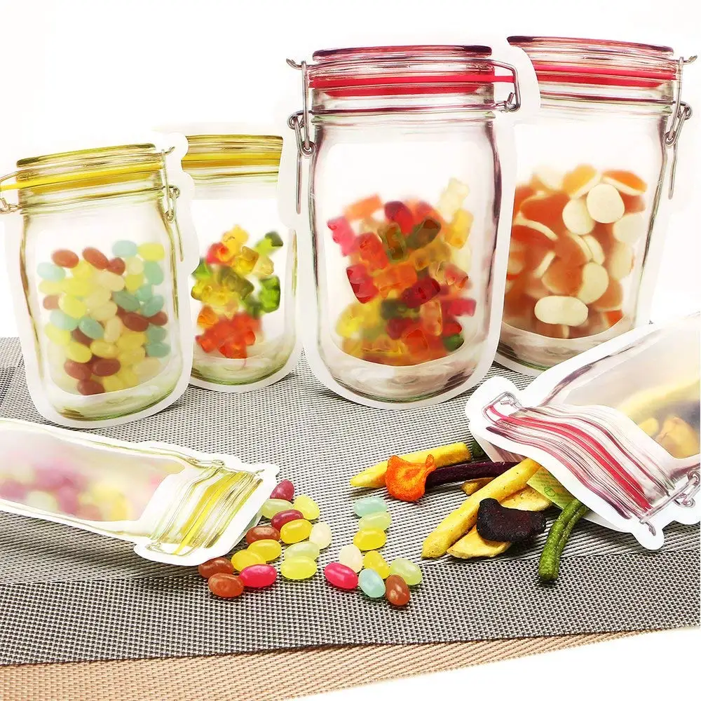 

Reusable Food Storage Zipper Bags Mason Jar Shape Snacks Airtight Seal Food Saver Leak-proof Bags Kitchen Organizer Bags
