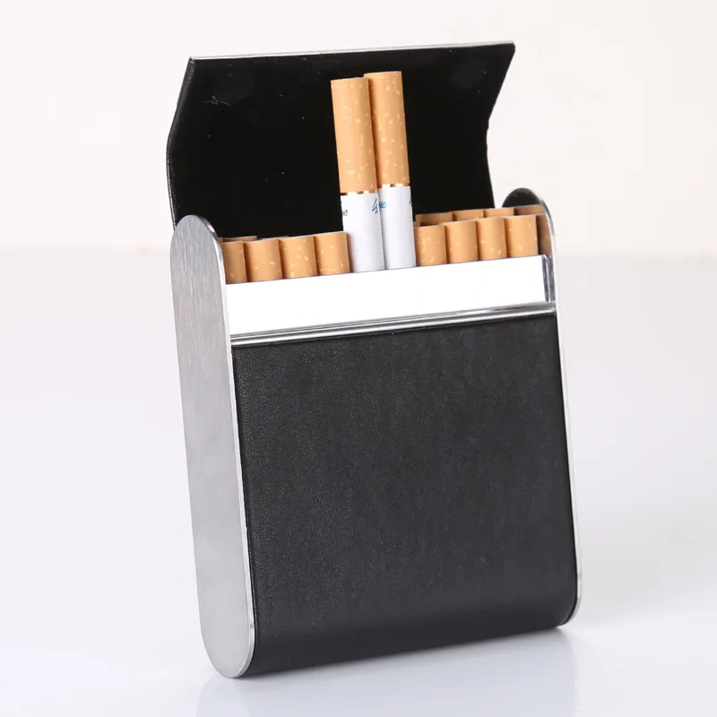 Чехол для сигарет, кожаный держатель для табака, тонкий алюминиевый металлический ящик для сигарет, модный мини-ящик для хранения - Цвет: Черный