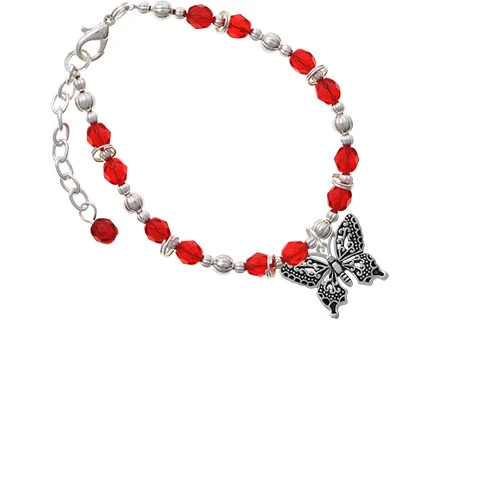 Silvertone Large Fancy Butterfly Red Beaded Bracelet