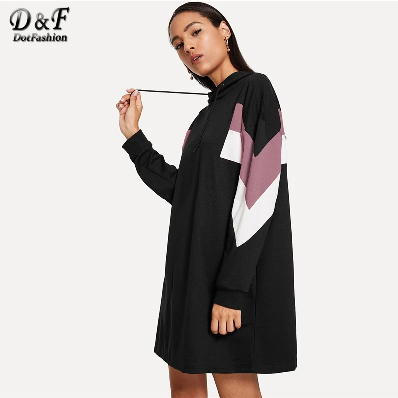 

Dotfashion Drawstring Hoodie Colorblock Sweatshirt Dress Women Clothes 2019 Autumn Casual Hooded Long Sleeve Straight Dress