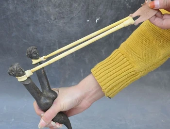 

9" old Chinese bronze Slingshot Catapult Mermaid belle fish Statue Hunting Tools