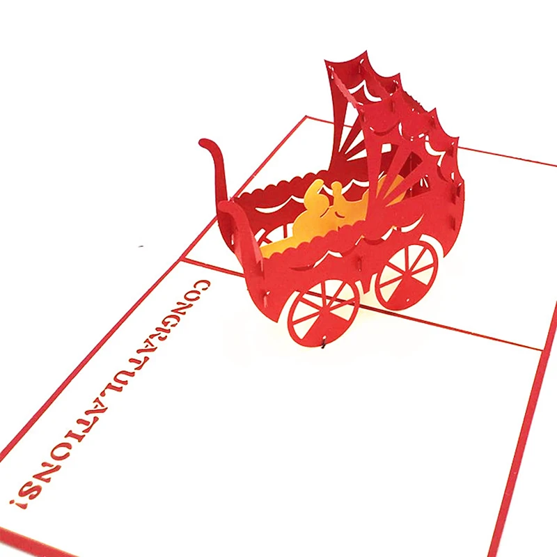 1pcs Laser Cut baby Stroller 3D Pop Up Greeting Cards With Envelope Postcard Invitation Kids Newborn Baby Shower Party Supplies
