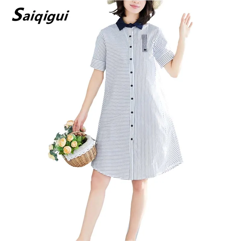 

Saiqigui 2019 Spring Summer dress casual Loose A-Line Striped dress Short sleeve women dress vestidos robe femme