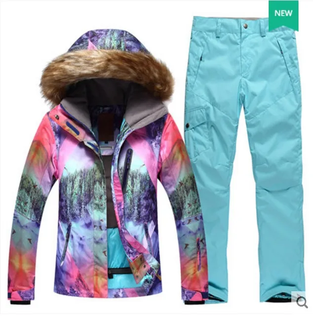 Women’s pink ski suit female pink violet fur collar riding hiking snow