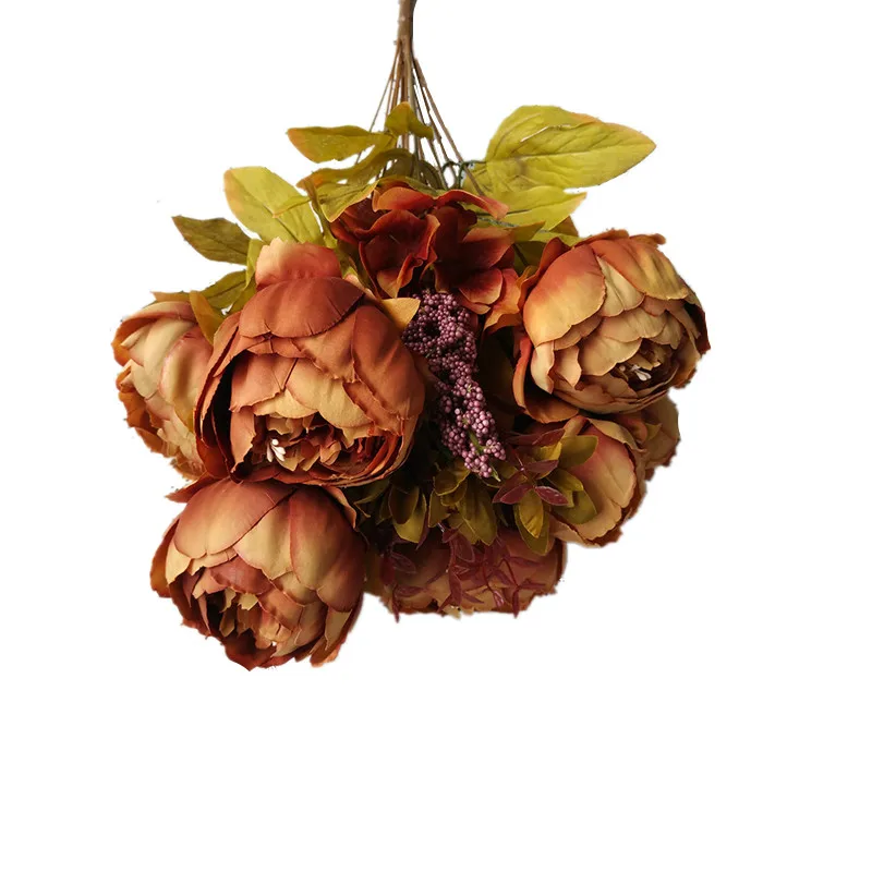 Декоративные искусственные цветы в европейском стиле высокого класса Искусственный Пион из шелка цветы искусственные цветы для дома, Свадебные украшения с цветочным принтом - Цвет: coffee