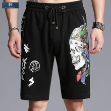 [EL BARCO] хлопковые мужские летние повседневные шорты до колена с принтом черепа, бермуды с карманами на молнии, мужские прямые черные короткие брюки