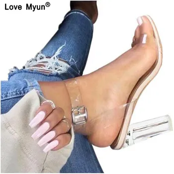 

Women Sandals Ankle Strap Perspex High Heels PVC Clear Crystal Concise Classic Buckle Strap High Quality Shoes size35-42