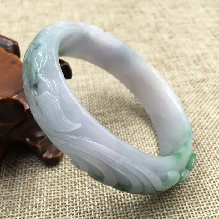 

62mm Vintage Chinese Hand-carved White Green Jadeite Jade Bracelet Bangle 1140