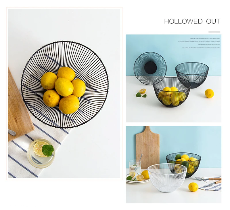 Home Storage Basket Fruit Basket Wrought Iron Hollow Desktop Snack Round Baskets Living Room Organizer Kitchen DecorationB4