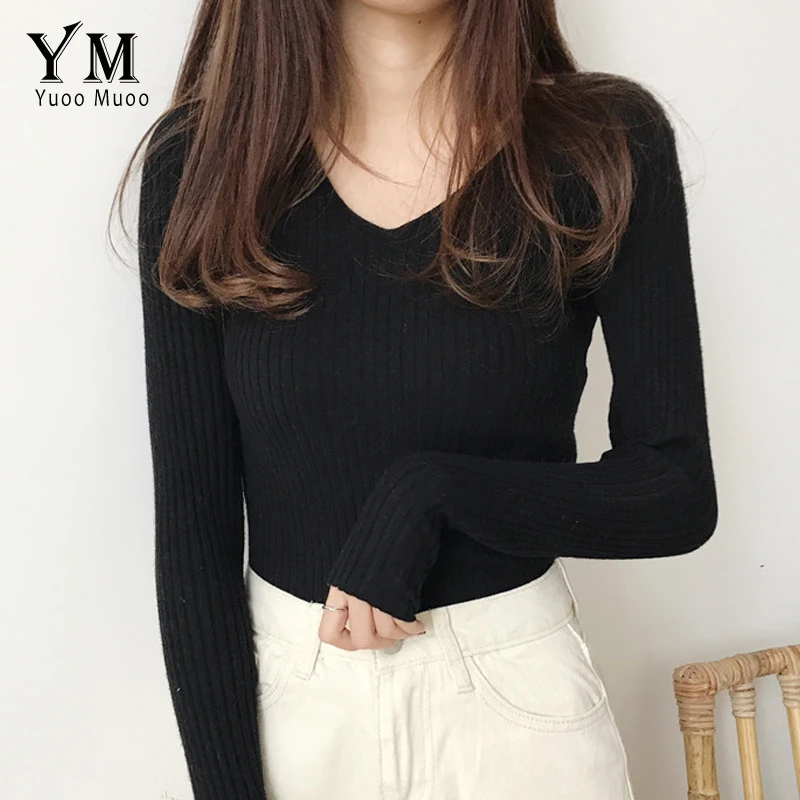 YuooMuoo 2019 V neck Autumn Sweater Women High Quality Casual Pink Sweater Pullover Winter Tops Women Knitwear Ladies Jumpers