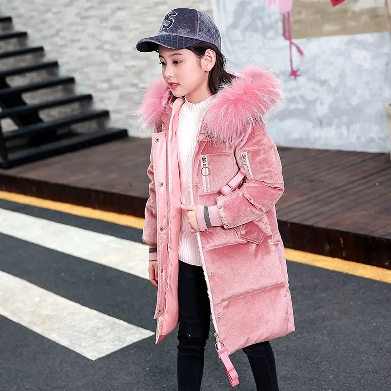 Детские Пуховые парки, куртки утепленное пуховое пальто с натуральным мехом для девочек-подростков зимняя пуховая верхняя одежда для мальчиков до-30 градусов - Цвет: Розовый