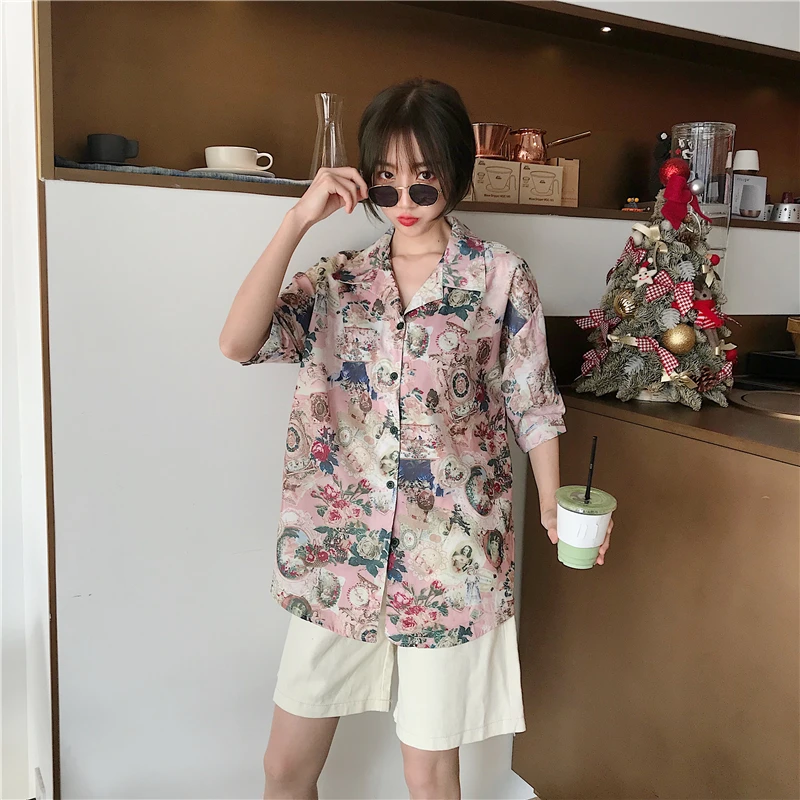 

2019 spring and summer vintage style print short sleeve loose blouses womens shirts (L512)