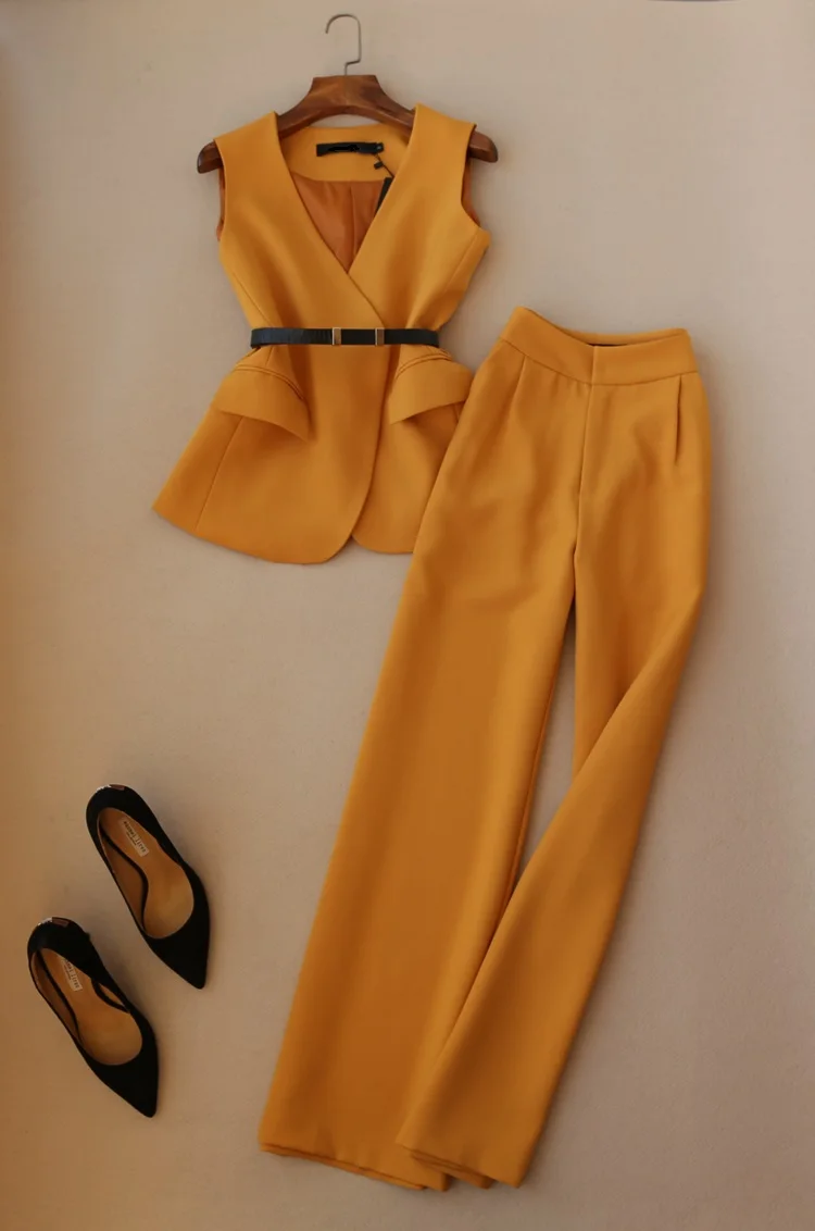 Весенняя Новая модная женская рабочая одежда желтый жилет с v-образным вырезом топ и длинные штаны широкие брюки OL набор