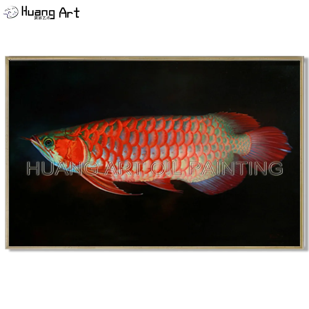 

Pure Hand-painted Realistically Gold Arowana Oil Painting for Wall Decor Art High Quality Red Fish Animals Seascape Oil Painting