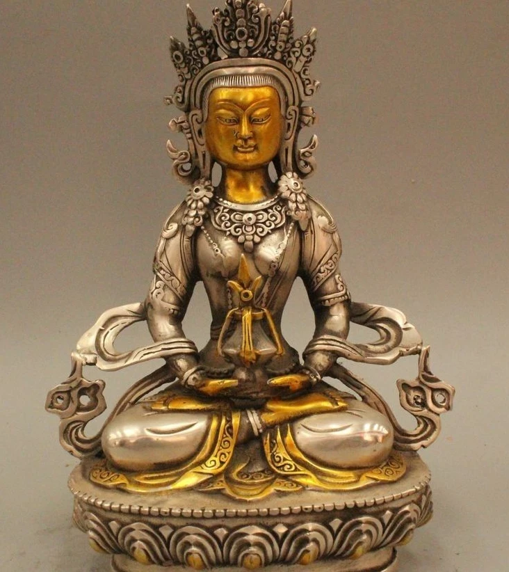 

8" Tibet Buddhism Silver Gild Amitayus longevity God Goddess Statue Sculpture