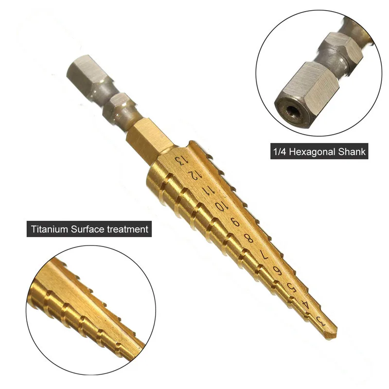 

High Quality 1PC 3-13mm HSS Drill Bit Titanium Coated 1/4'' Hex Shank 3/4/5/6/7/8/9/10/11/12/13mm 11 Steps Wood/Metal Drilling