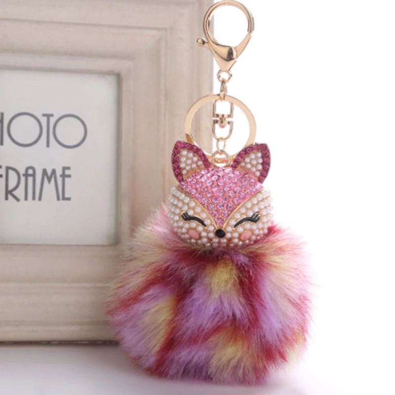 

Lovely Crystal Faux Fox Rabbit Fur cony hair ball Pompom Keychains Women Trinkets Suspension On Bags Car Key Chain Keyrings