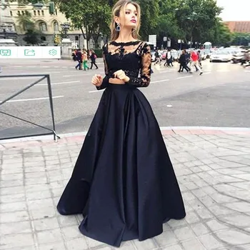 

Modern Two Pieces Slash Neck Prom Gowns 2018 Floor Length Stain A Line Prom Gowns Lace Top