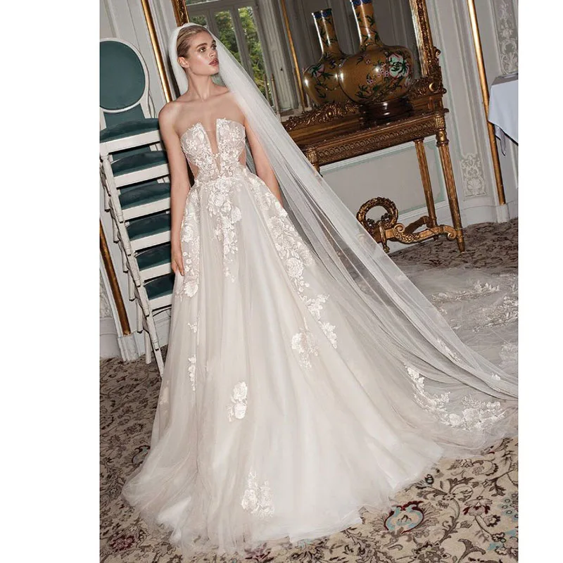 

LORIE Strapless Appliques Boho Wedding Gowns 2019 A-Line Tulle Princess Wedding Dress vestido de noiva sereia Bridal Dress