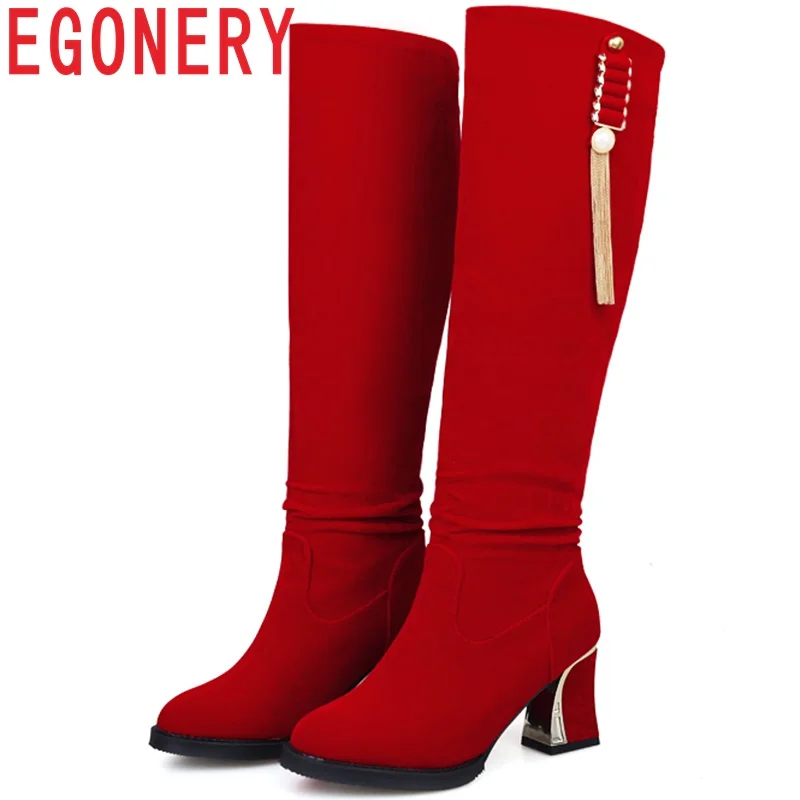 

EGONERY Russian shiny sexy fashion knee high riding boots spring winter plush woman shoes Warm tight 6.5cm High Botas Mujer